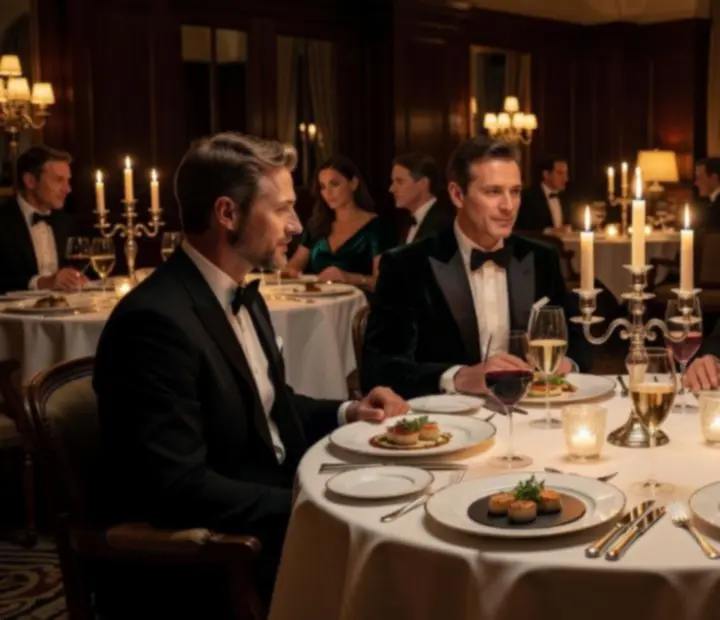 Cinematiczne ujęcie eleganckiego wieczoru fine dining z nastrojowym oświetleniem i kartami do gry w restauracji Velastrelio