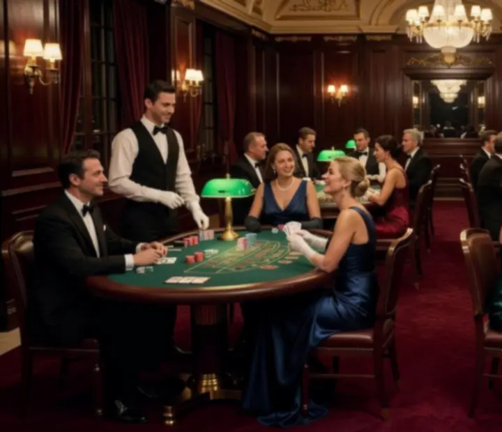 Goście bawiący się przy eleganckich stołach pokerowych podczas wieczoru kasynowego w Velastrelio