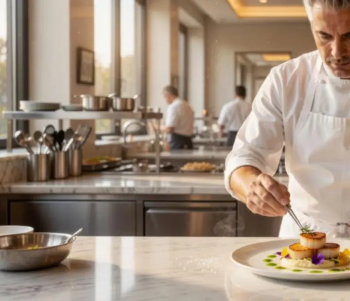 Szef kuchni dekoruje talerz podczas przygotowywania autorskiego menu degustacyjnego