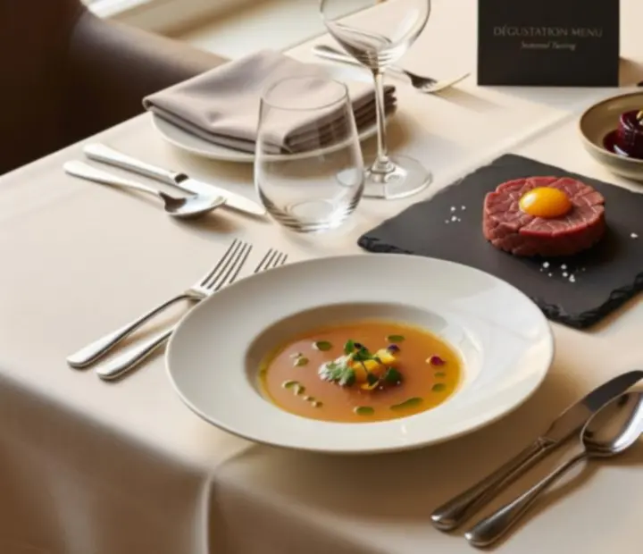 Zestaw elegancko podanych dań degustacyjnych w restauracji Velastrelio