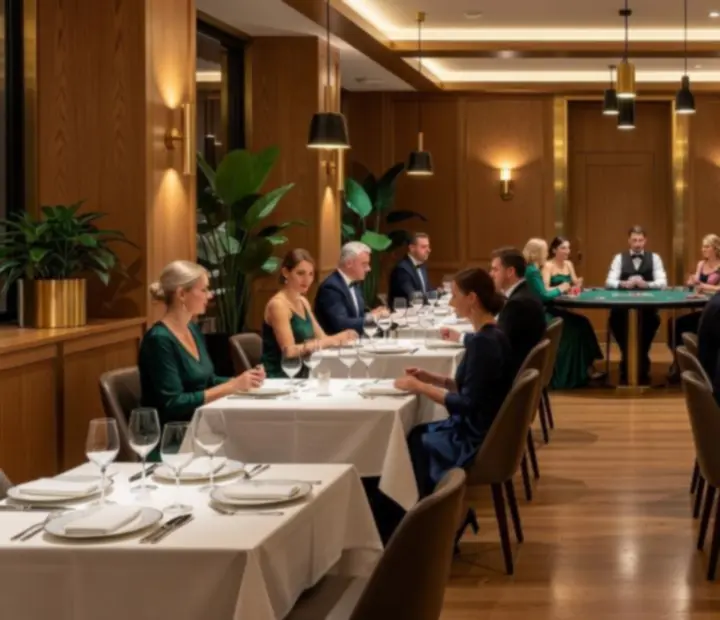 Luksusowa restauracja Velastrelio z eleganckimi stołami i rozrywką w klimacie kasyna