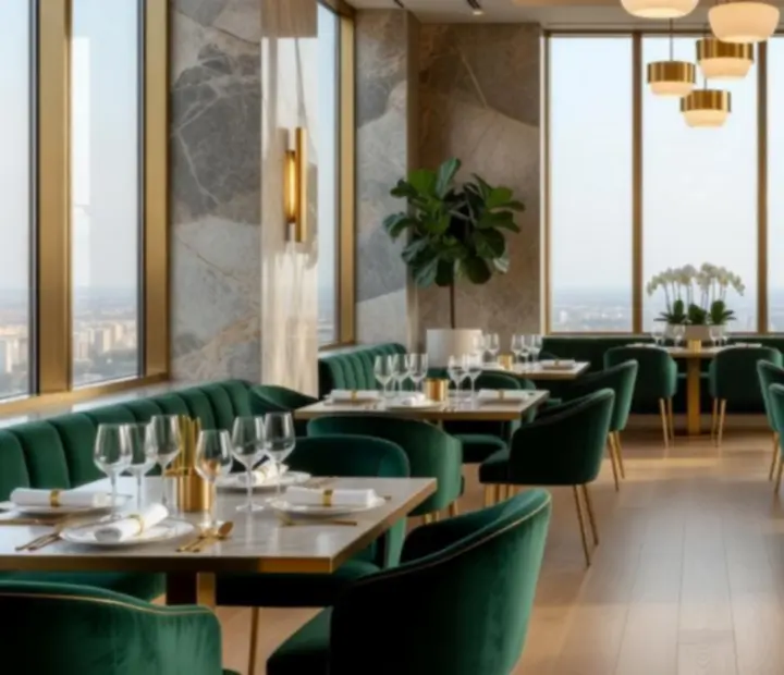 Luksusowe wnętrze restauracji z ciepłym oświetleniem, naturalnym kamieniem i eleganckimi stołami