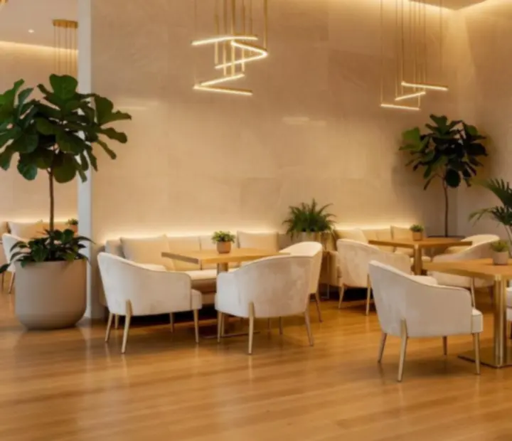 Luksusowe wnętrze restauracji Velastrelio z naturalnym kamieniem, drewnem i złotymi detalami