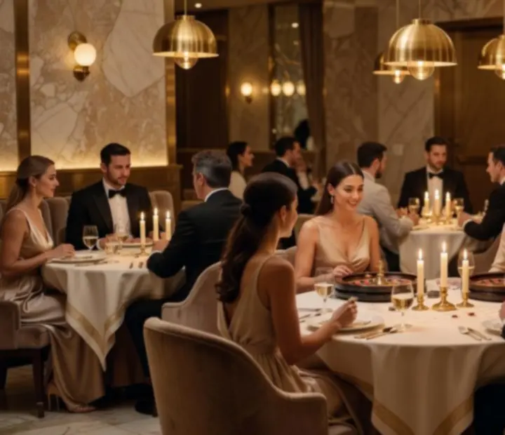 Wytworne wnętrze restauracji Velastrelio z eleganckimi stołami i wieczorną scenerią casino.