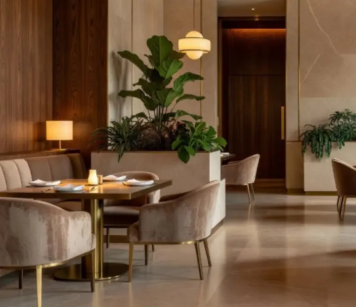 Jasne, eleganckie wnętrze restauracji Velastrelio z naturalnym kamieniem i designerskim oświetleniem