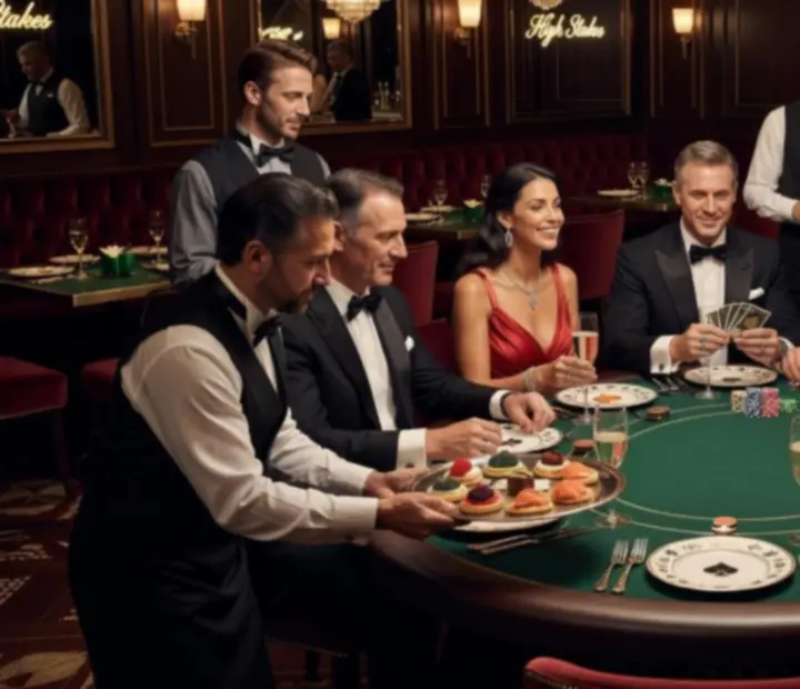 Stół do ruletki i pokerowe stanowiska przygotowane na elegancki wieczór tematyczny w restauracji